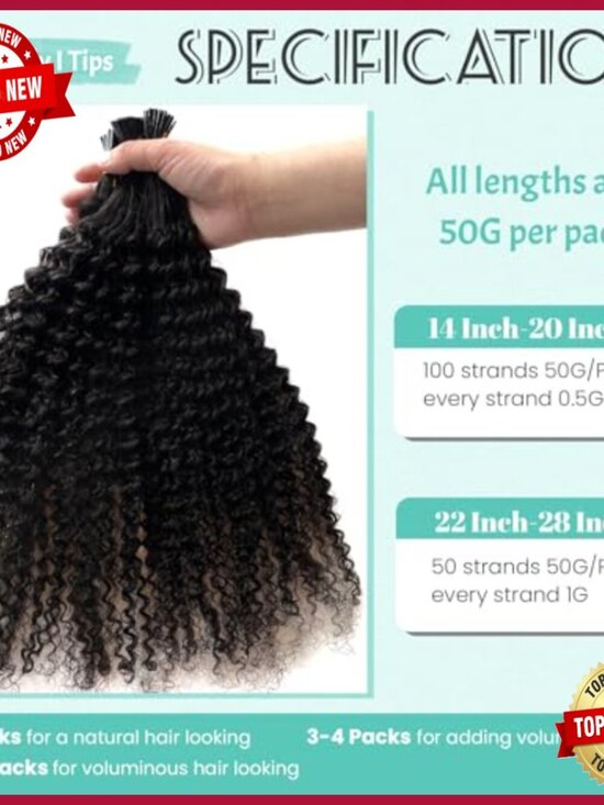 26 Inch Human Hair I-Tip Extensions 100 Strands Kinky Curly Pre-Bonded main image 4